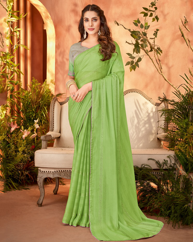 Vishal Prints Olivine Green Designer Chiffon Saree With Diamond Work And Fancy Piping