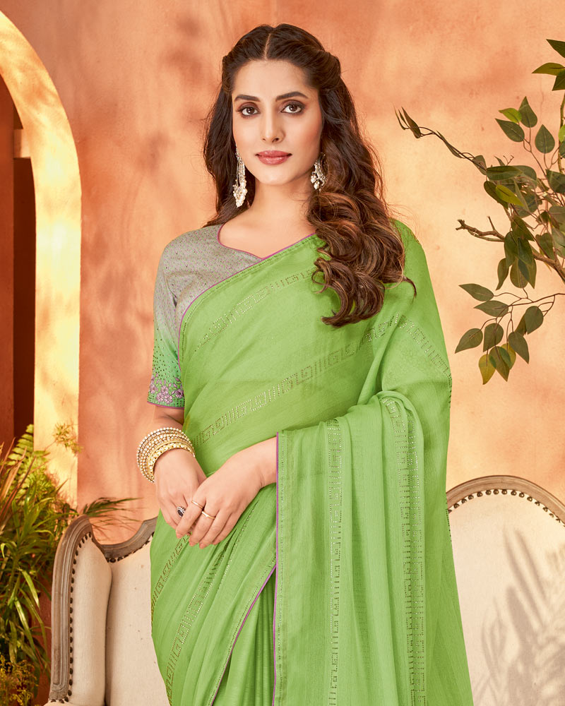 Vishal Prints Olivine Green Designer Chiffon Saree With Diamond Work And Fancy Piping