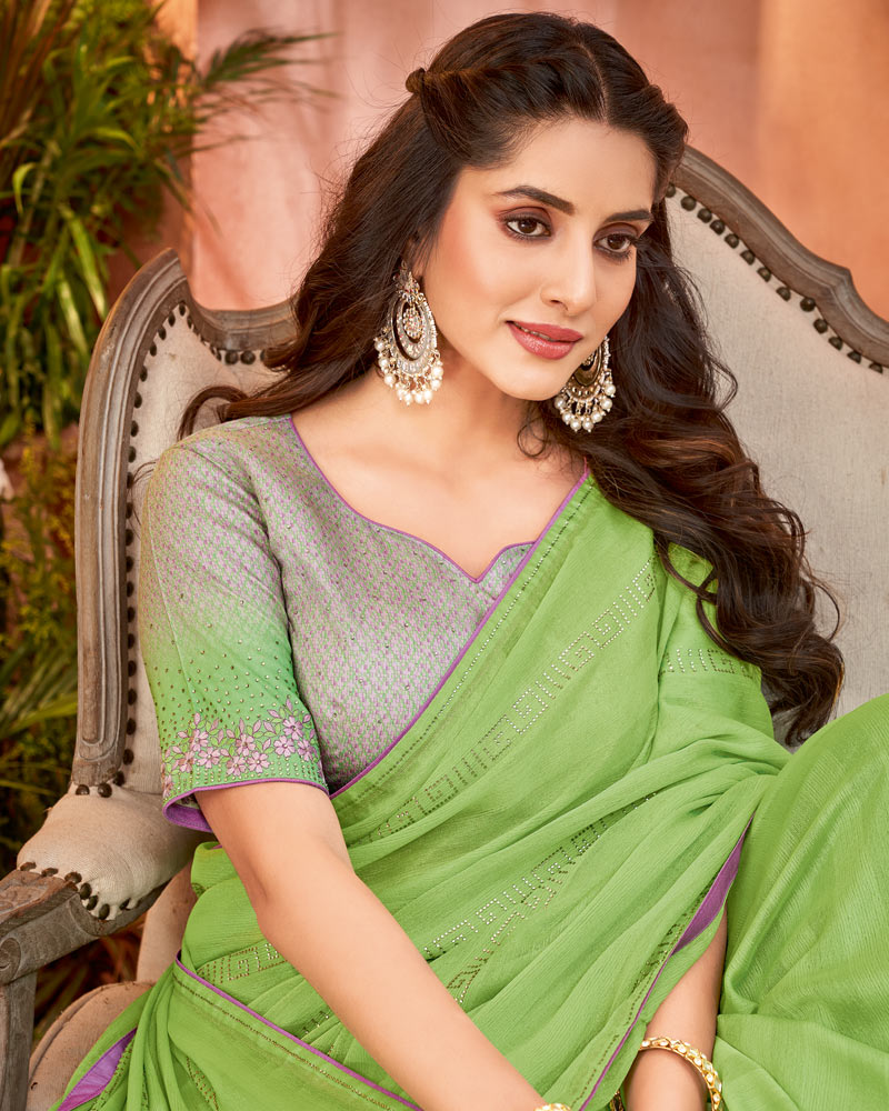 Vishal Prints Olivine Green Designer Chiffon Saree With Diamond Work And Fancy Piping