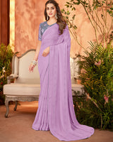 Vishal Prints Lavender Designer Chiffon Saree With Diamond Work And Fancy Piping