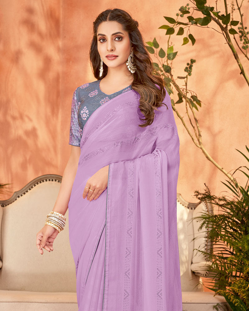 Vishal Prints Lavender Designer Chiffon Saree With Diamond Work And Fancy Piping