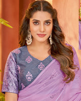 Vishal Prints Lavender Designer Chiffon Saree With Diamond Work And Fancy Piping