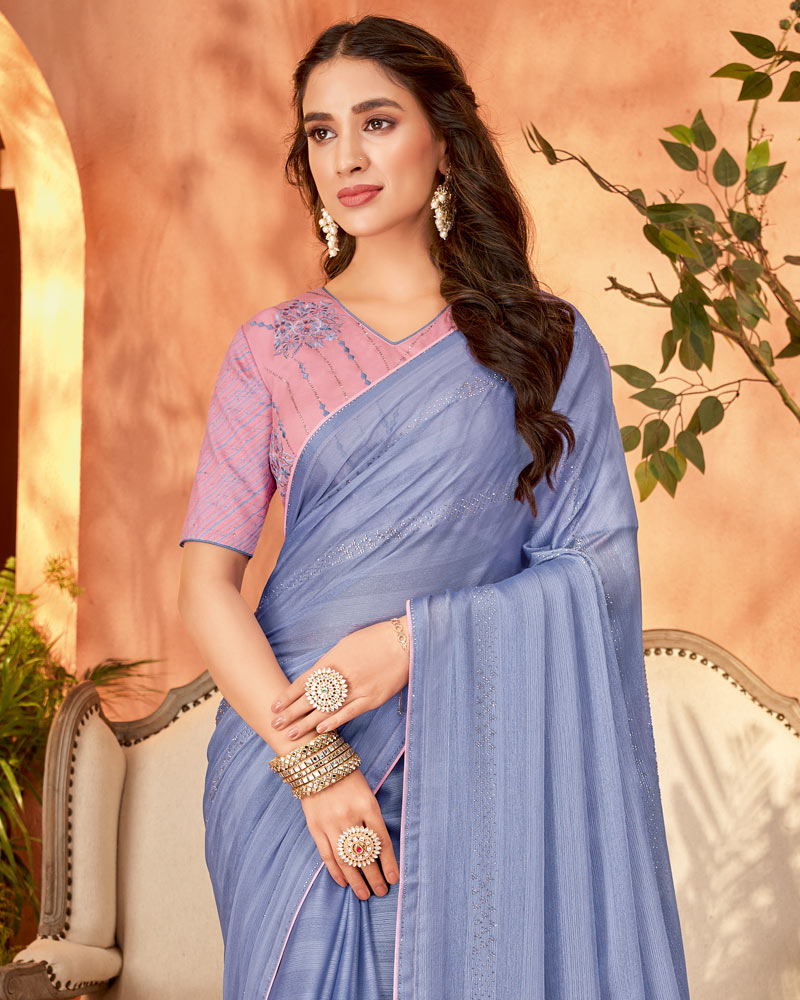 Vishal Prints Bluish Grey Designer Chiffon Saree With Diamond Work And Fancy Piping