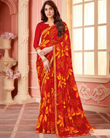 Vishal Prints Dark Red Printed Chiffon Saree With Fancy Border