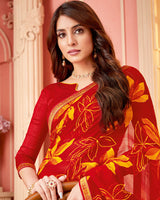 Vishal Prints Dark Red Printed Chiffon Saree With Fancy Border