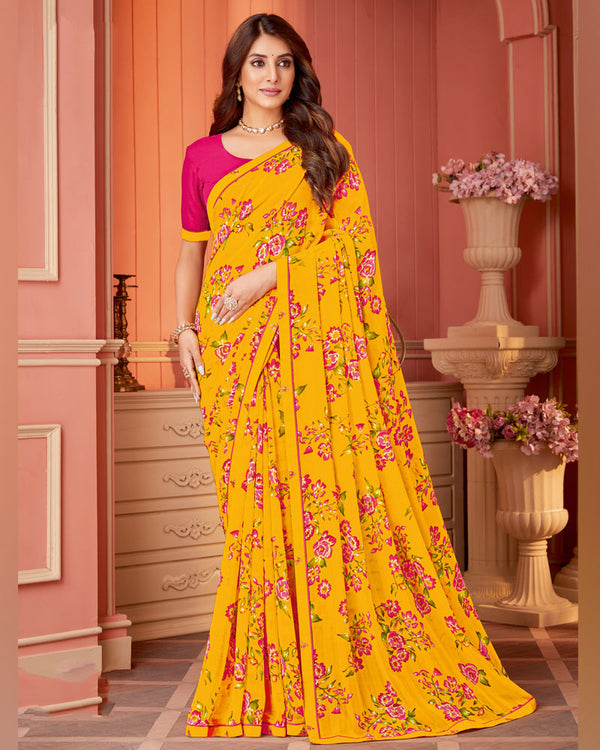 Vishal Prints Dark Yellow Printed Chiffon Saree With Fancy Border