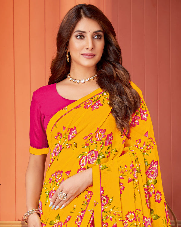 Vishal Prints Dark Yellow Printed Chiffon Saree With Fancy Border