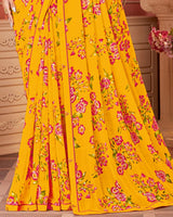 Vishal Prints Dark Yellow Printed Chiffon Saree With Fancy Border