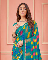 Vishal Prints Teal Green Printed Chiffon Saree With Fancy Border