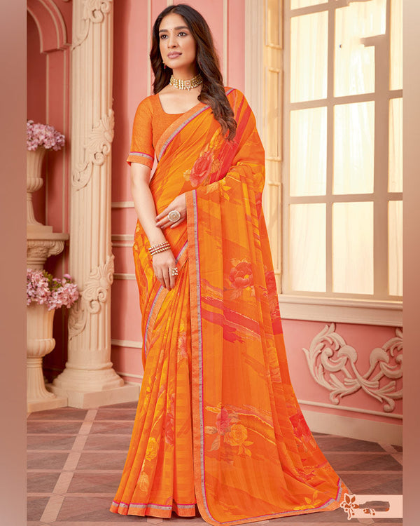 Vishal Prints Orange Printed Chiffon Saree With Fancy Border