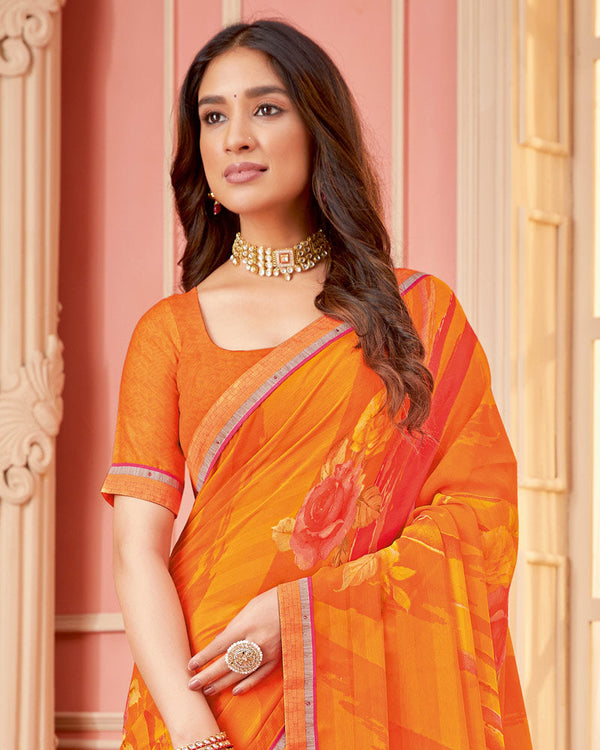 Vishal Prints Orange Printed Chiffon Saree With Fancy Border