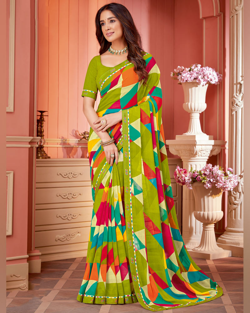 Vishal Prints Olive Green Printed Chiffon Saree With Fancy Border