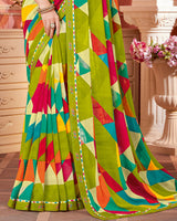 Vishal Prints Olive Green Printed Chiffon Saree With Fancy Border