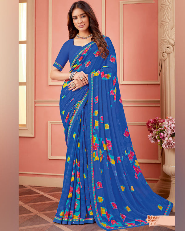 Vishal Prints Azure Blue Printed Chiffon Saree With Fancy Border