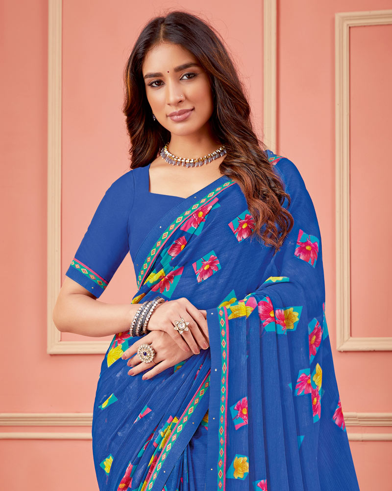 Vishal Prints Azure Blue Printed Chiffon Saree With Fancy Border