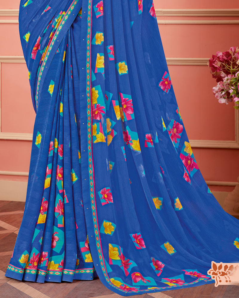 Vishal Prints Azure Blue Printed Chiffon Saree With Fancy Border