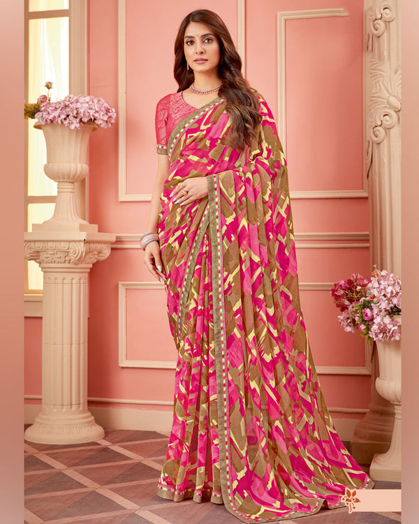 Vishal Prints Dark Pink Printed Chiffon Saree With Fancy Border