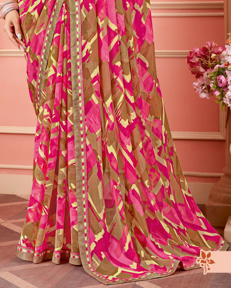 Vishal Prints Dark Pink Printed Chiffon Saree With Fancy Border