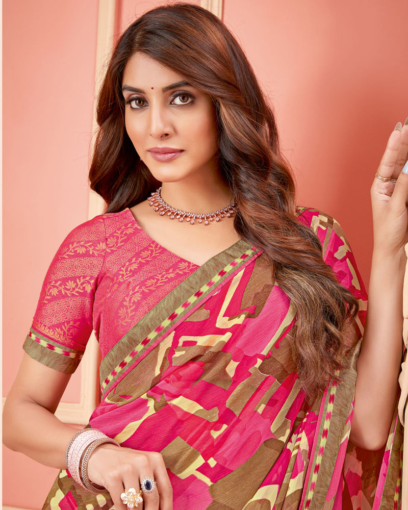 Vishal Prints Dark Pink Printed Chiffon Saree With Fancy Border