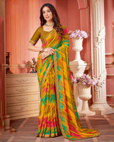 Vishal Prints Dark Mustard Printed Chiffon Saree With Fancy Border