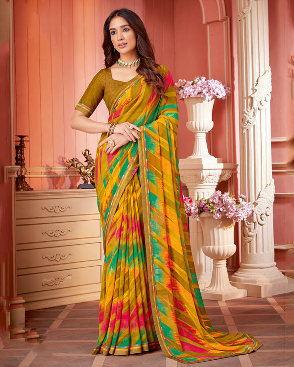 Vishal Prints Dark Mustard Printed Chiffon Saree With Fancy Border