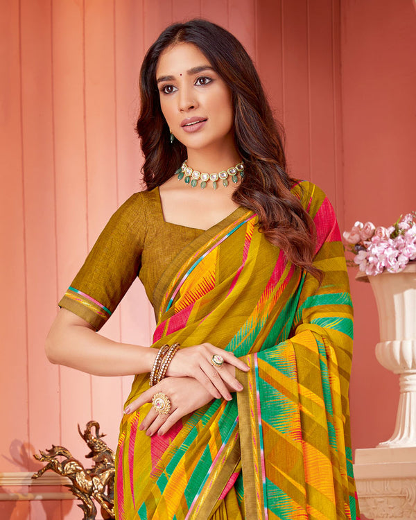 Vishal Prints Dark Mustard Printed Chiffon Saree With Fancy Border