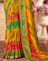 Vishal Prints Dark Mustard Printed Chiffon Saree With Fancy Border