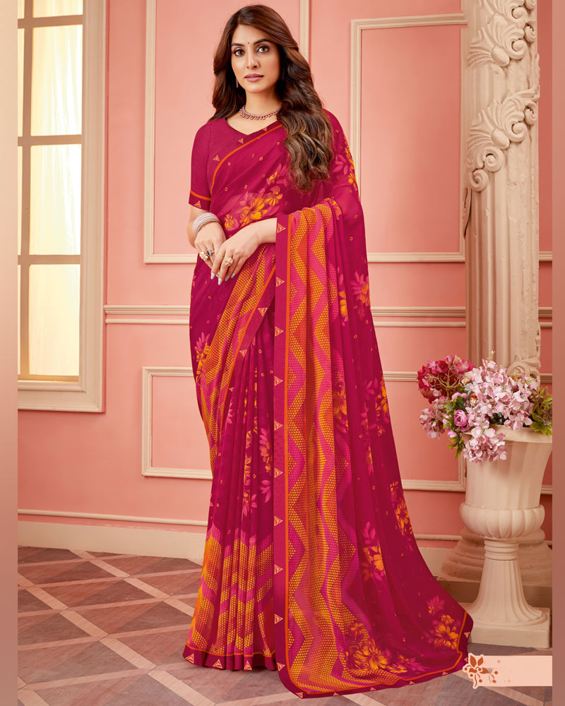 Vishal Prints Cardinal Pink Printed Chiffon Saree With Fancy Border