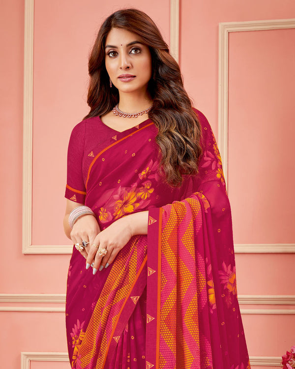 Vishal Prints Cardinal Pink Printed Chiffon Saree With Fancy Border