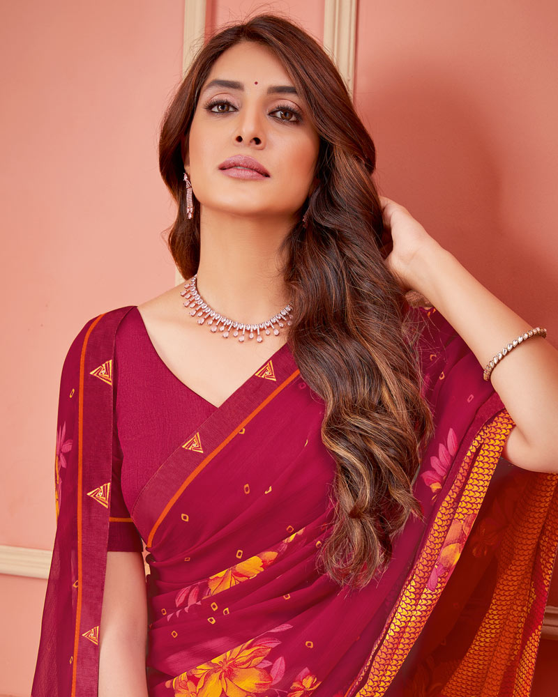 Vishal Prints Cardinal Pink Printed Chiffon Saree With Fancy Border