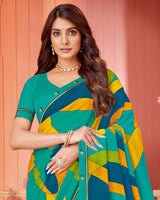 Vishal Prints Aqua Green Printed Chiffon Saree With Fancy Border