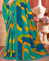 Vishal Prints Aqua Green Printed Chiffon Saree With Fancy Border