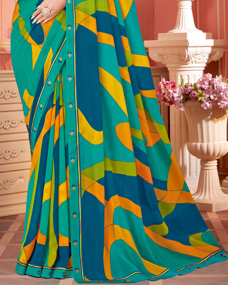 Vishal Prints Aqua Green Printed Chiffon Saree With Fancy Border