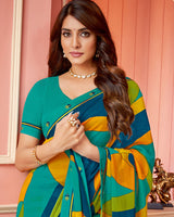 Vishal Prints Aqua Green Printed Chiffon Saree With Fancy Border