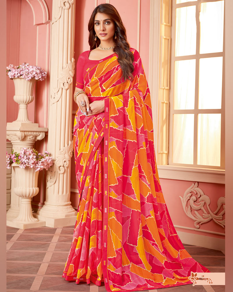 Vishal Prints Amaranth Pink Printed Chiffon Saree With Fancy Border