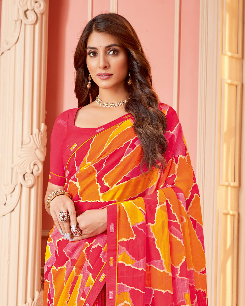 Vishal Prints Amaranth Pink Printed Chiffon Saree With Fancy Border