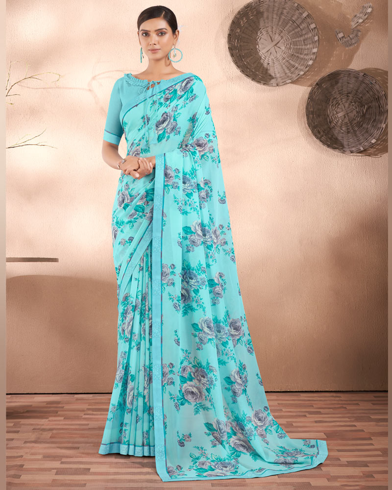 Vishal Prints Turquoise Blue Printed Georgette Saree With Fancy Border