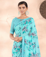 Vishal Prints Turquoise Blue Printed Georgette Saree With Fancy Border