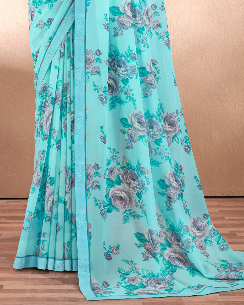 Vishal Prints Turquoise Blue Printed Georgette Saree With Fancy Border