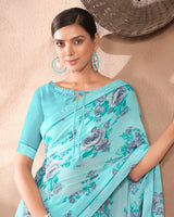 Vishal Prints Turquoise Blue Printed Georgette Saree With Fancy Border