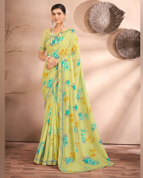 Vishal Prints Pastel Yellow Printed Georgette Saree With Fancy Border