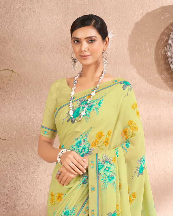 Vishal Prints Pastel Yellow Printed Georgette Saree With Fancy Border