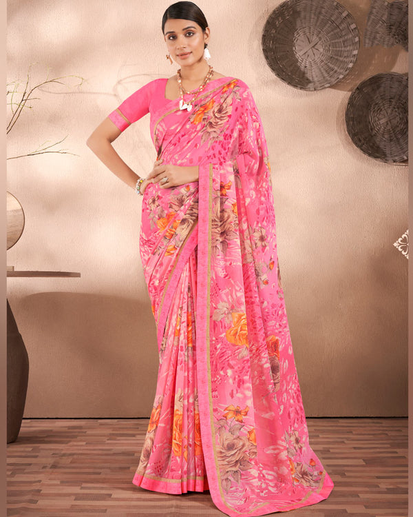 Vishal Prints Salmon Pink Printed Georgette Saree With Fancy Border