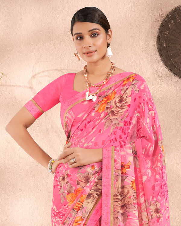 Vishal Prints Salmon Pink Printed Georgette Saree With Fancy Border