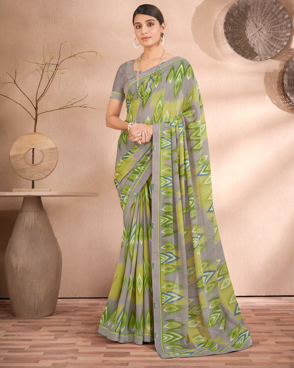 Vishal Prints Dusty Grey Printed Georgette Saree With Fancy Border