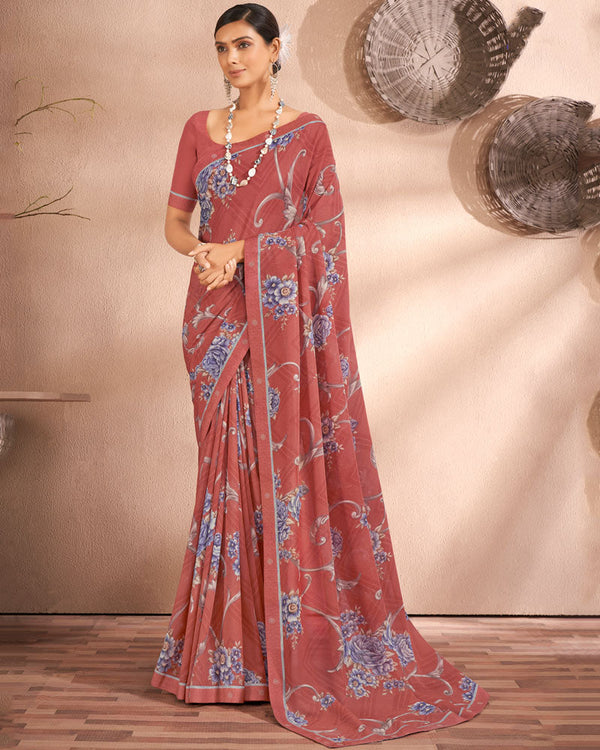 Vishal Prints Apple Blossom Red Printed Georgette Saree With Fancy Border