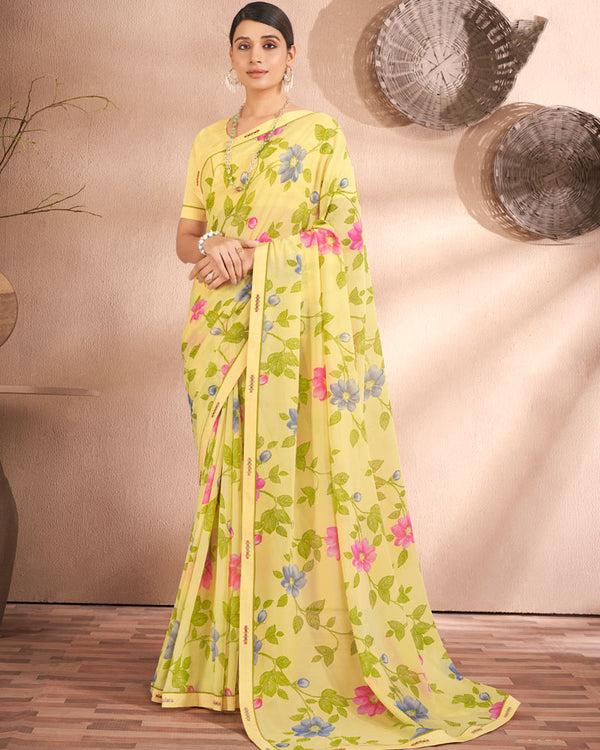 Vishal Prints Light Yellow Printed Georgette Saree With Fancy Border