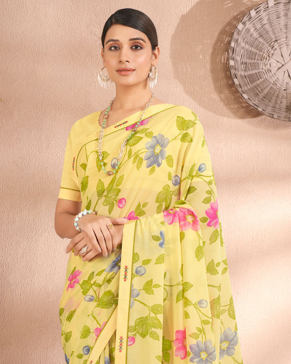 Vishal Prints Light Yellow Printed Georgette Saree With Fancy Border