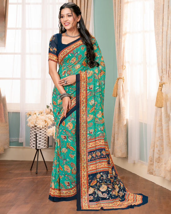 Vishal Prints Teal Digital Print Georgette Saree