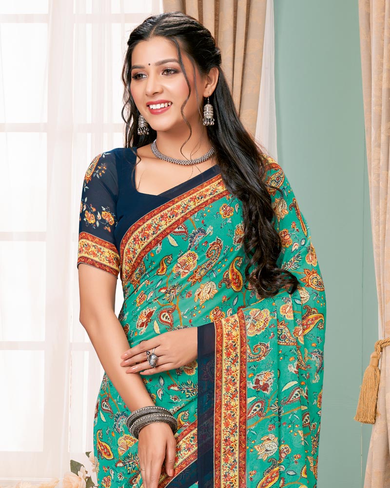 Vishal Prints Teal Digital Print Georgette Saree